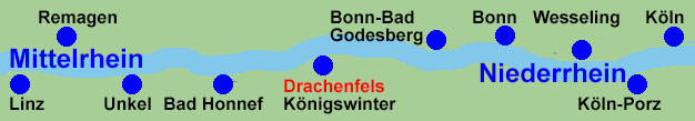 Rheinschifffahrt zwischen K�ln, K�ln-Porz, Wesseling, Bonn, Bad Godesberg, K�nigswinter mit Drachenfels, Bad Honnef, Unkel, Remagen und Linz am Rhein.